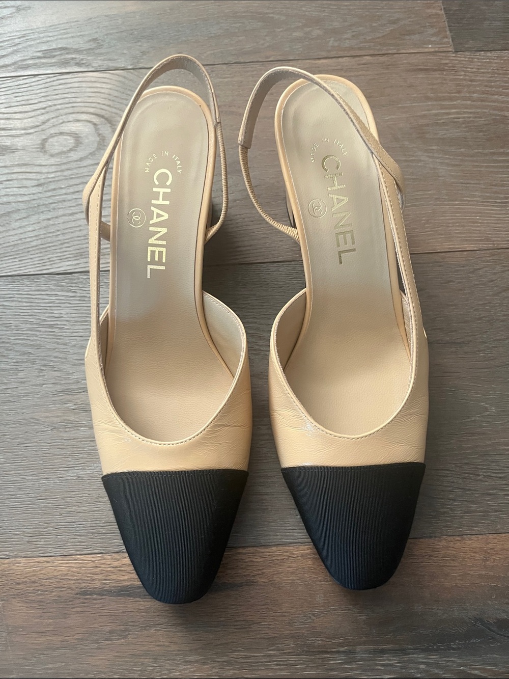 CHANEL Beige and Black Two-Tone Slingback Pumps